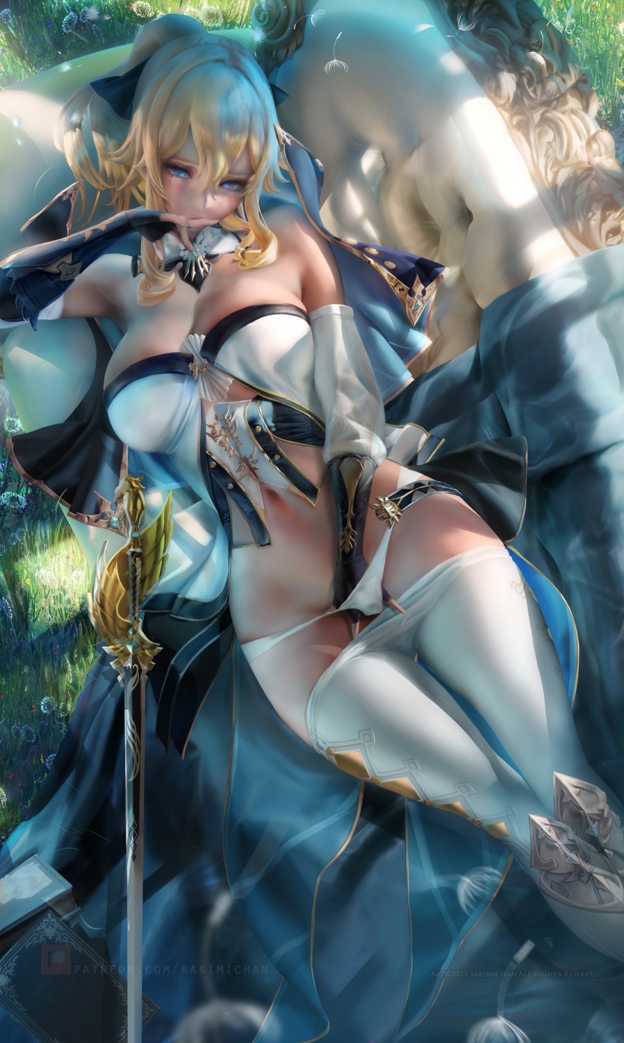 genshin_impact jean_(genshin_impact) masturbation no_bra pantsu panty_pull pantyhose sakimichan sword