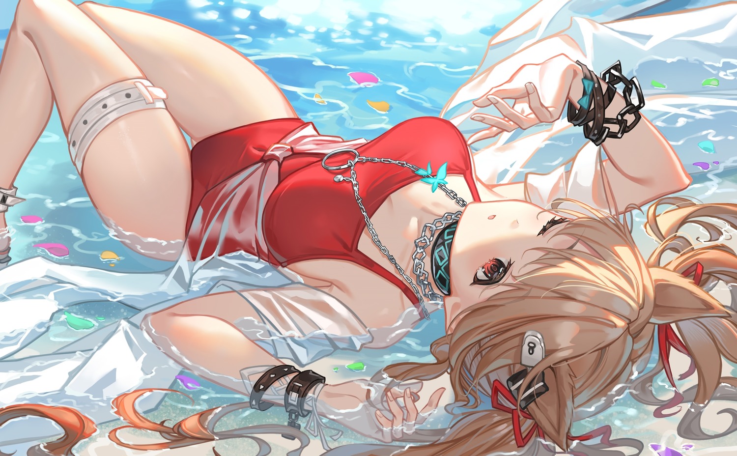 al_guang angelina_(arknights) arknights garter see_through swimsuits wet