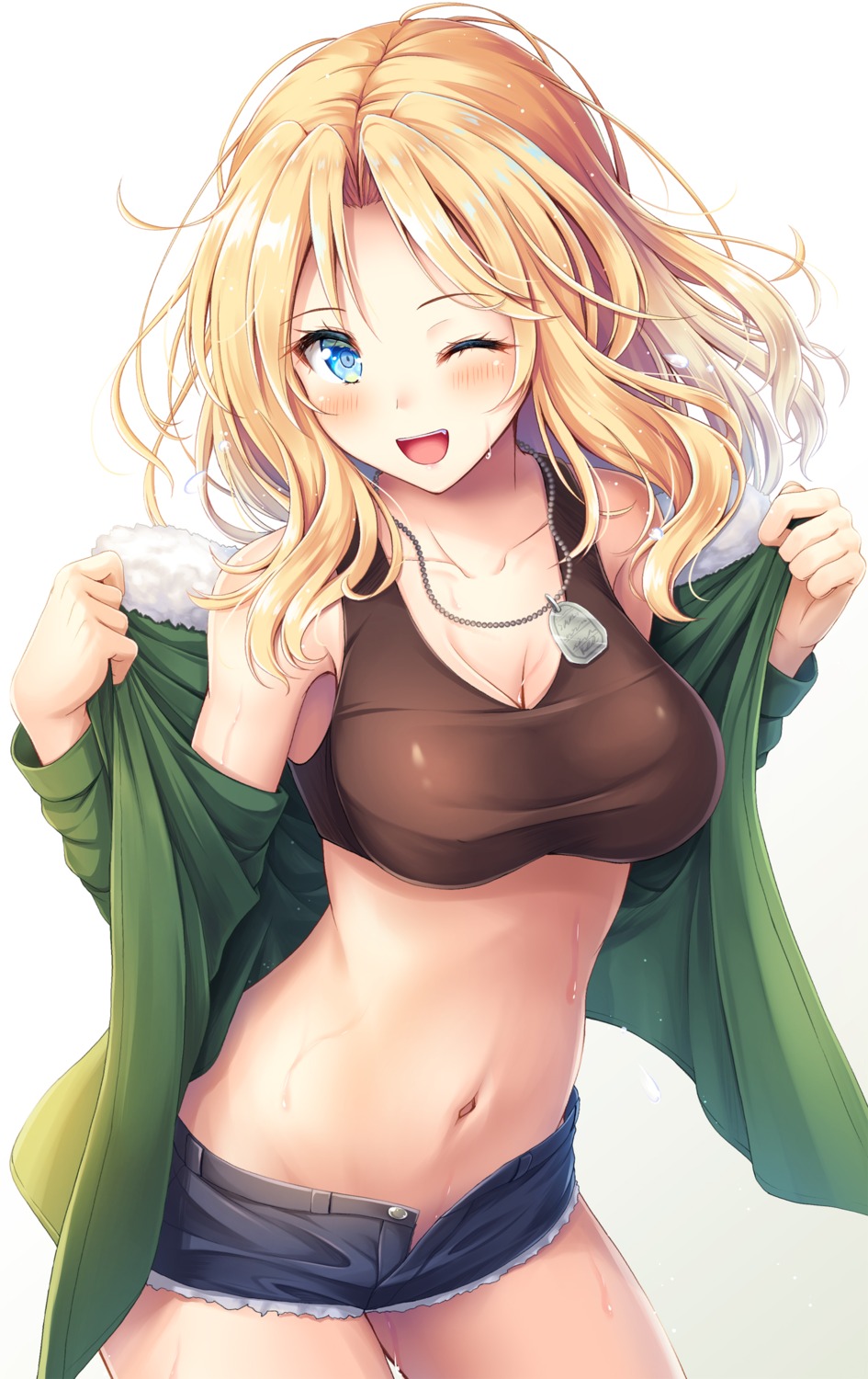 akashio cleavage girls_und_panzer kay_(girls_und_panzer) open_shirt sweater undressing wet