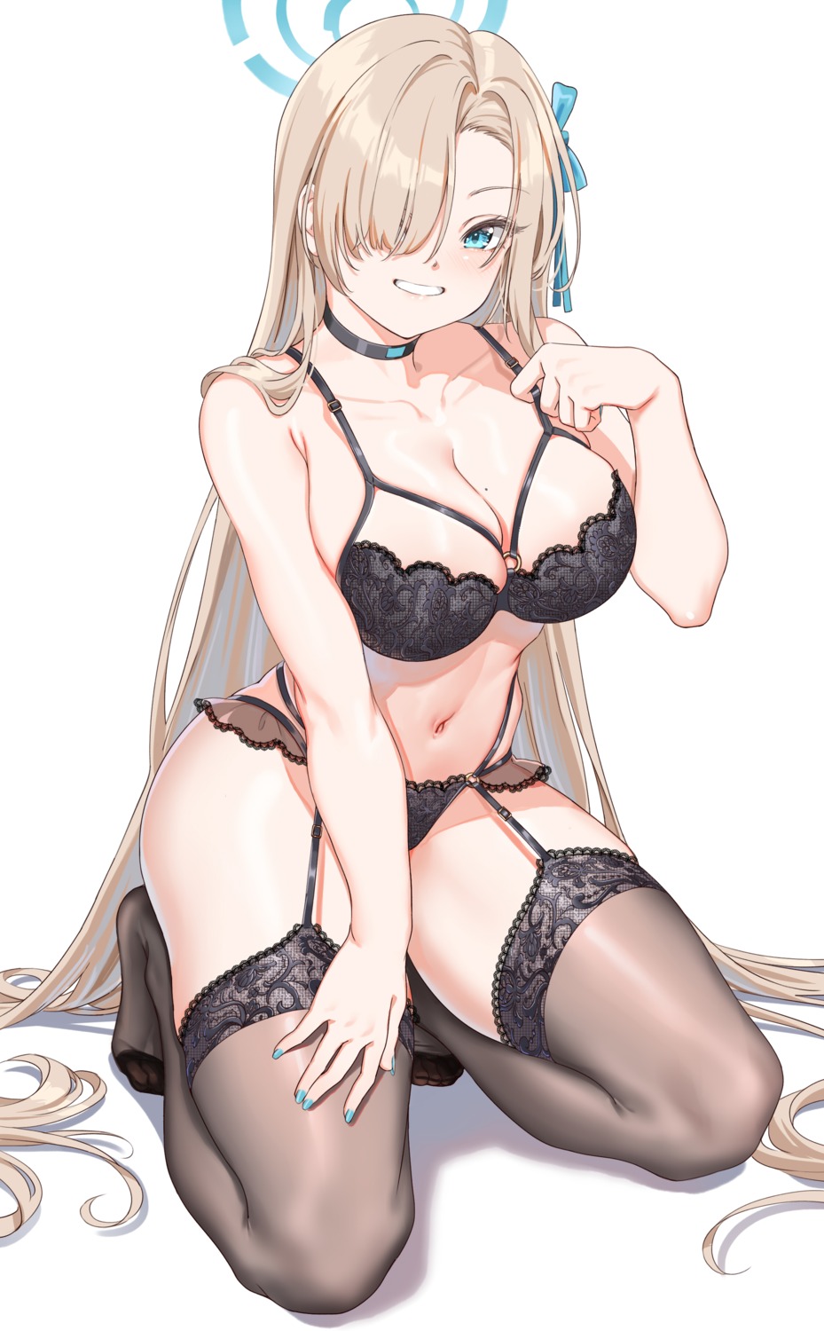 blue_archive bra fangxiang_cuoluan halo ichinose_asuna lingerie pantsu see_through stockings thighhighs undressing