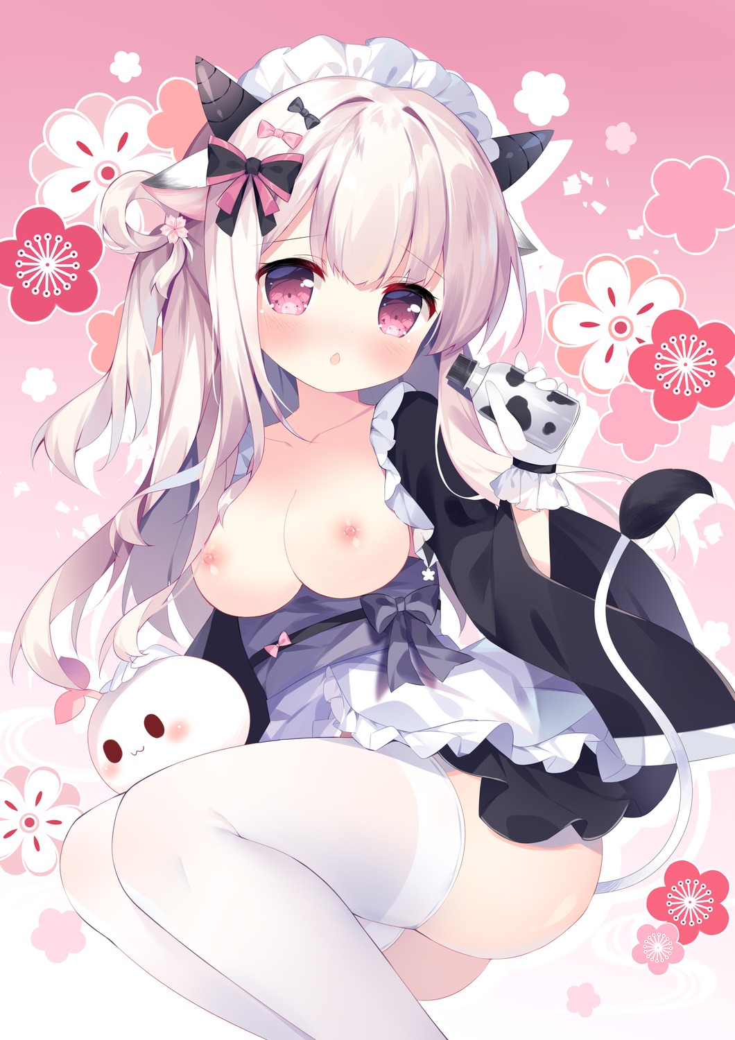 animal_ears breasts horns maid nipples no_bra open_shirt tail thighhighs tsukimi_(xiaohuasan) wa_maid