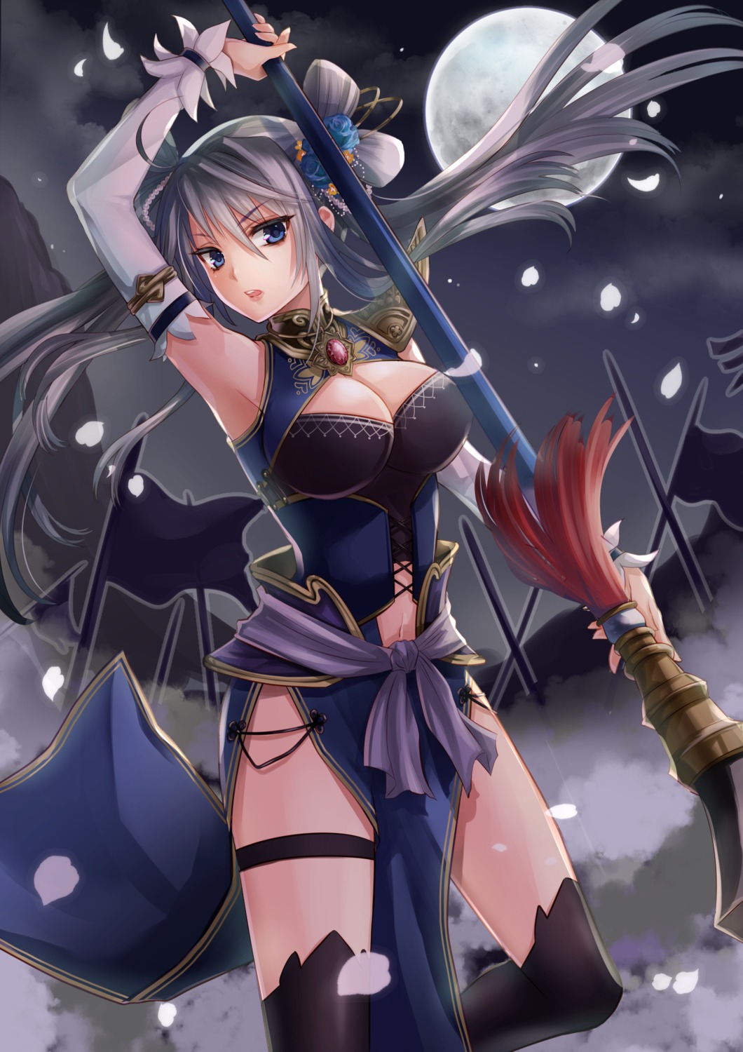 armor cleavage garter shirokurodai thighhighs weapon