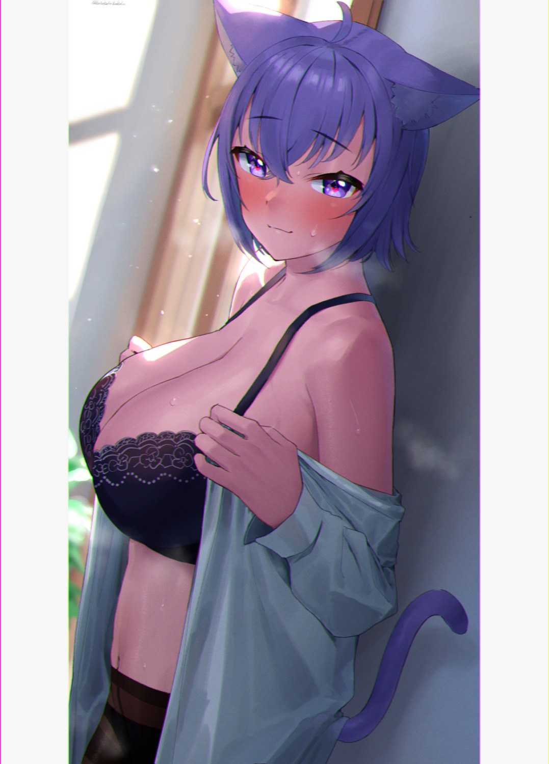 animal_ears bra frikulu hololive hololive_gamers nekomata_okayu nekomimi open_shirt pantyhose tail undressing