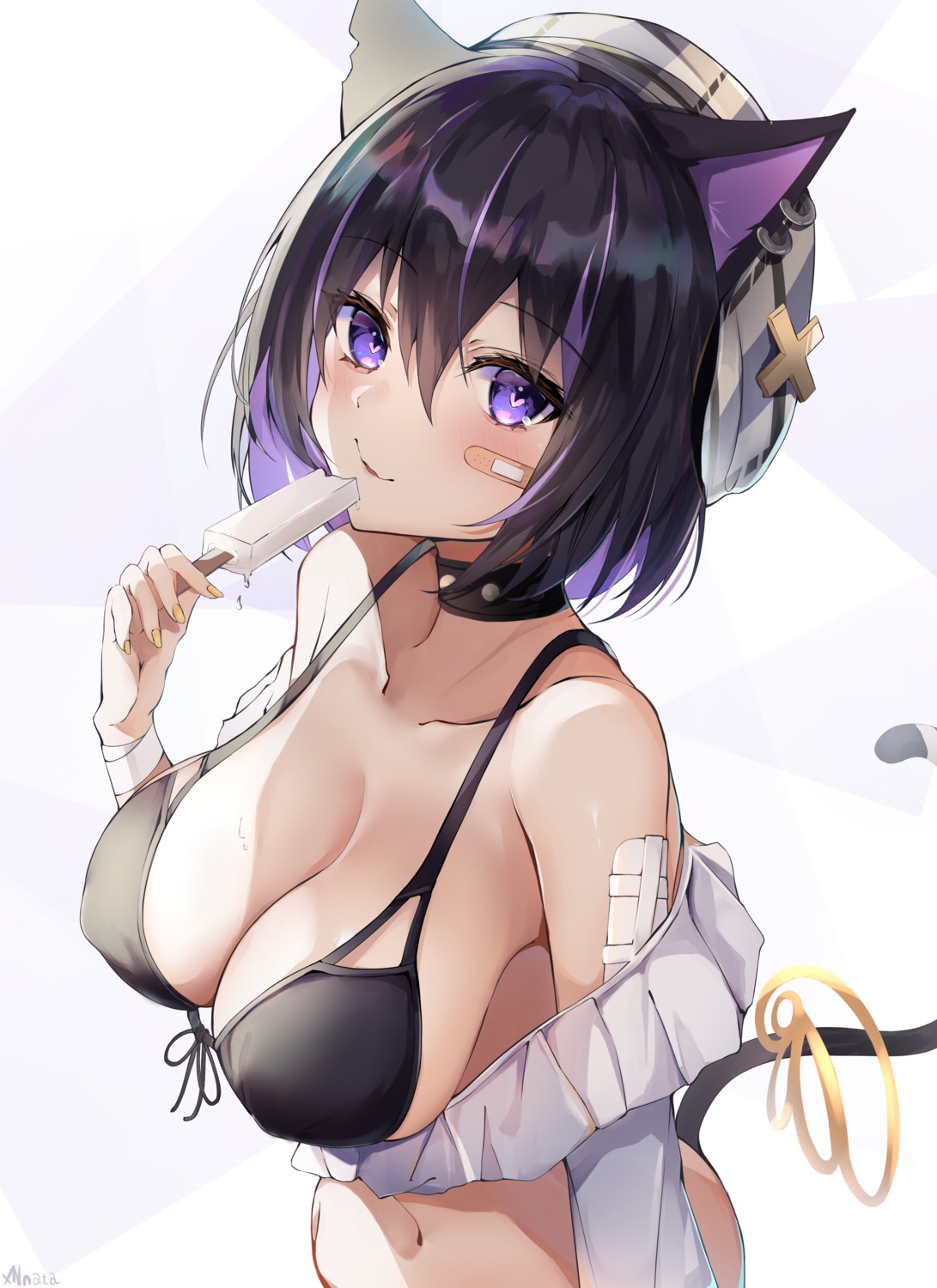 animal_ears bandaid bikini kurohikage nekomimi open_shirt swimsuits tail