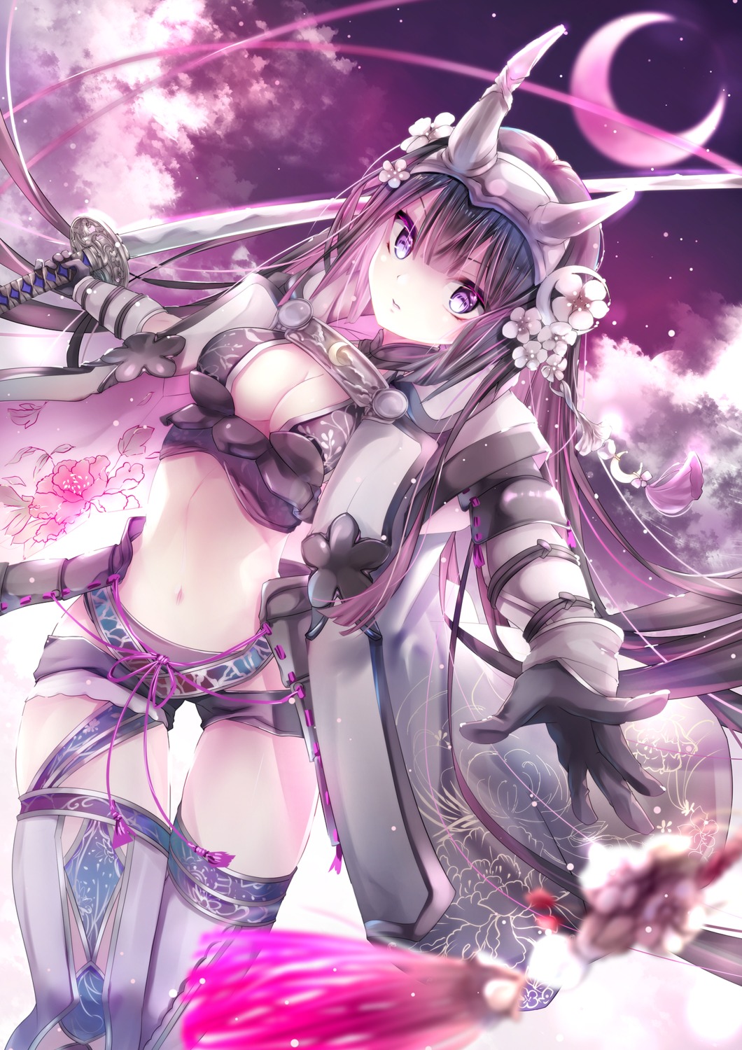 bikini_armor cleavage hane_segawa horns sengoku_fubu stockings sword thighhighs