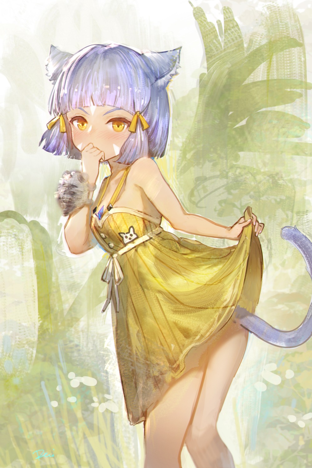 animal_ears daible dress nekomimi niyah no_bra skirt_lift summer_dress tail xenoblade_(series) xenoblade_2