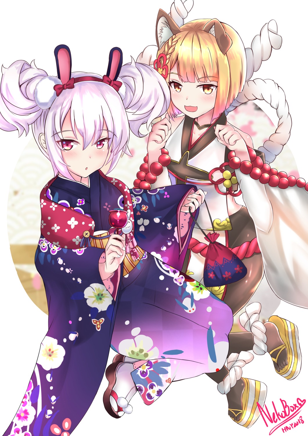 animal_ears azur_lane bunny_ears granblue_fantasy inumimi japanese_clothes kimono laffey_(azur_lane) nekobox pantyhose vajra_(granblue_fantasy)