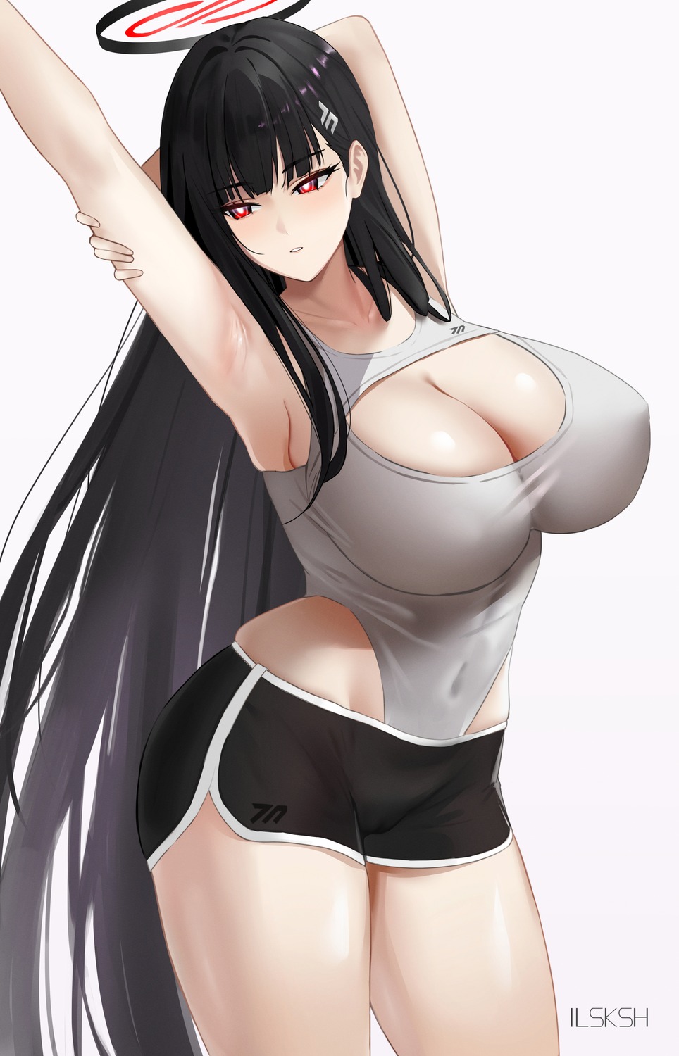 blue_archive gym_uniform halo ilsksh leotard no_bra see_through tsukatsuki_rio