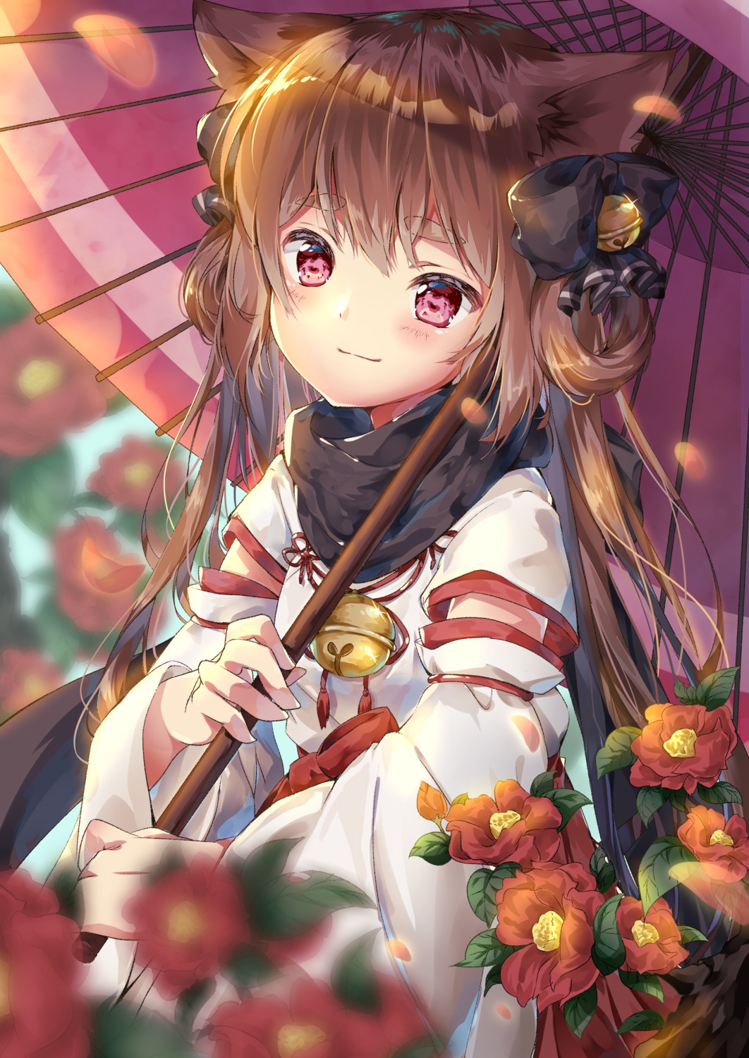 amane_tari animal_ears japanese_clothes umbrella