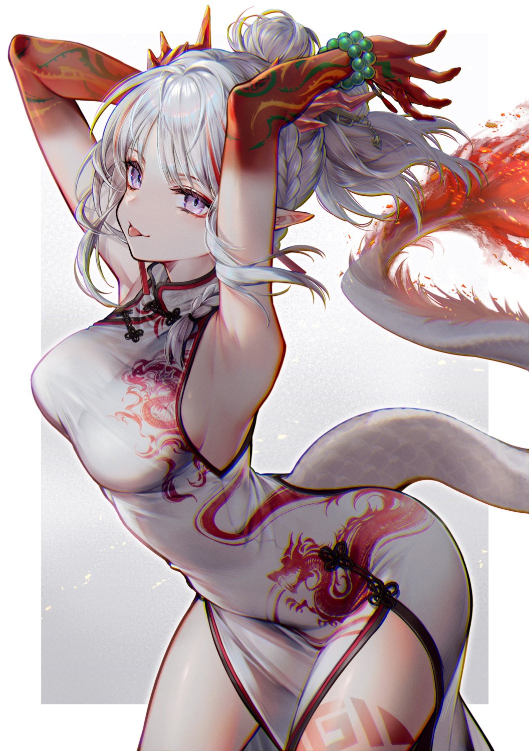 arknights chinadress horns nian_(arknights) pointy_ears sanbabasanba tail tattoo