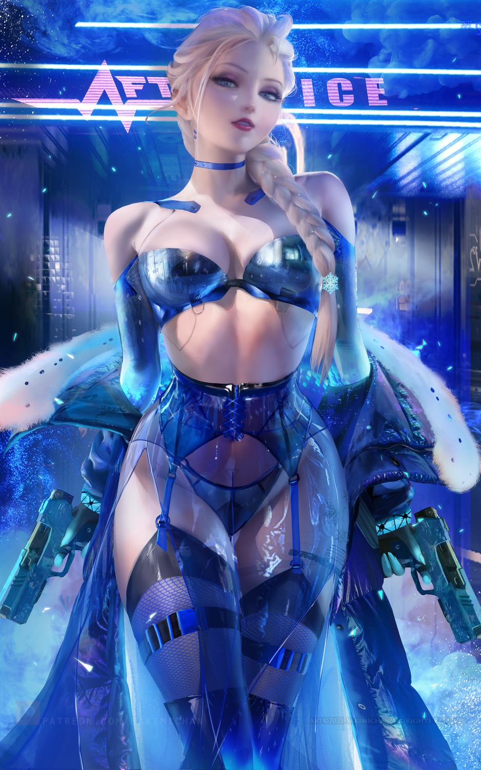 bra elsa_(frozen) fishnets frozen garter garter_belt gun lingerie pantsu sakimichan see_through stockings thighhighs