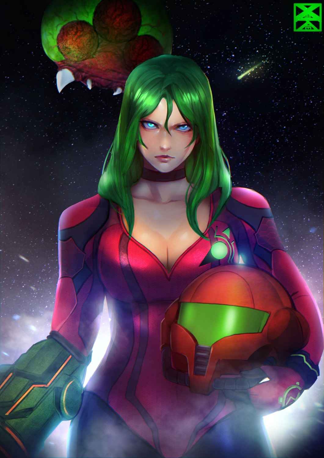 bodysuit cleavage metroid metroid_(creature) samus_aran weapon xuuikie_ashe