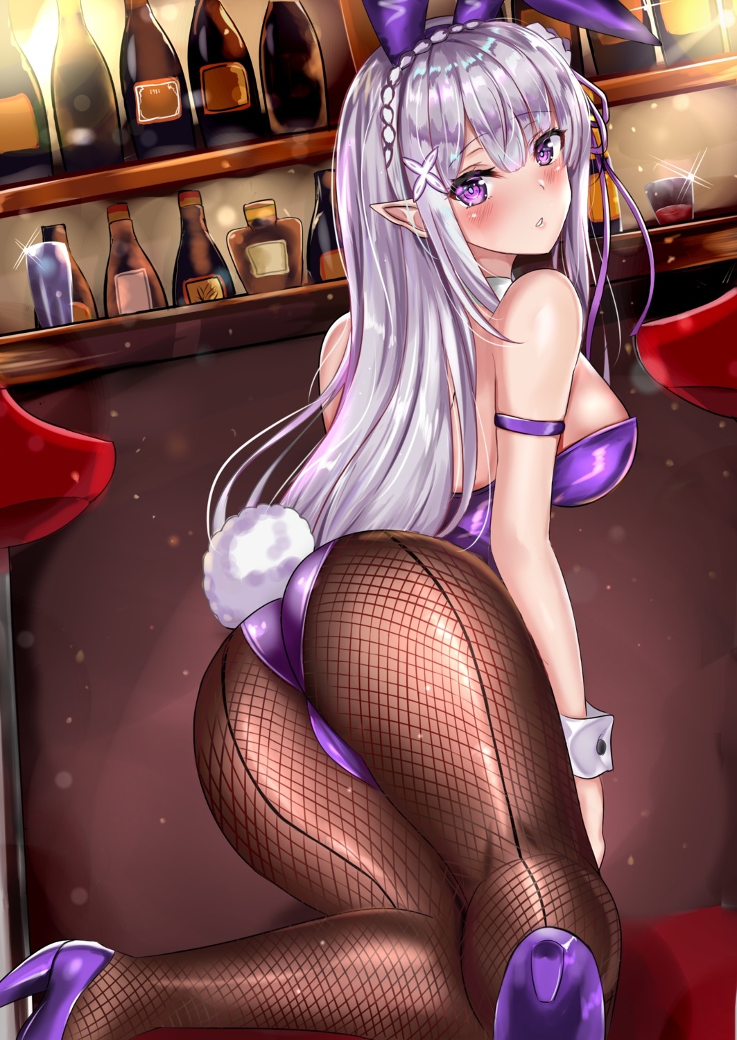 animal_ears ass bunny_ears bunny_girl cameltoe elf emilia_(re_zero) fishnets heels kuro_(tbm9187) no_bra pantyhose pointy_ears re_zero_kara_hajimeru_isekai_seikatsu tail