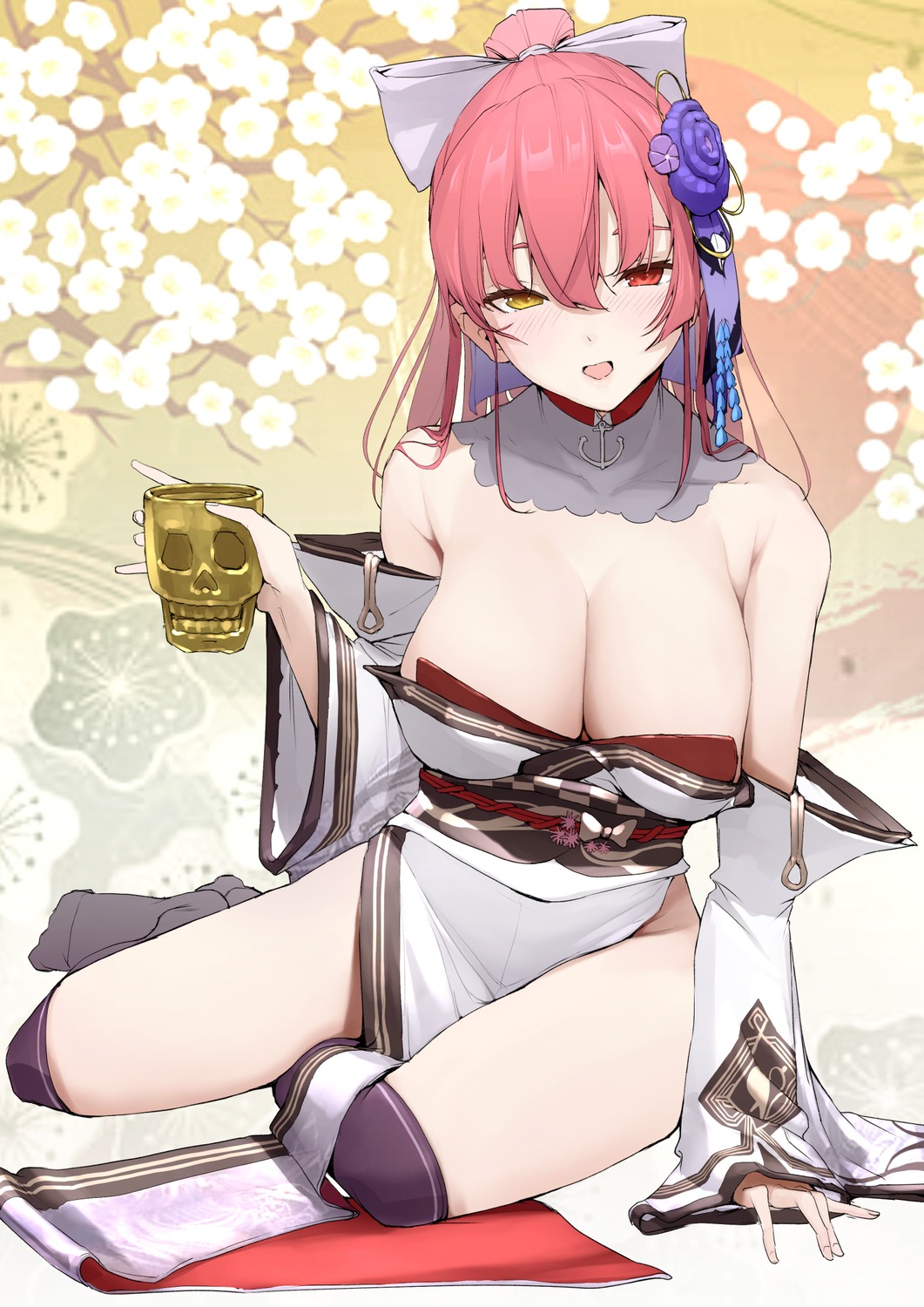 heterochromia hololive houshou_marine japanese_clothes mitsuru_(pixiv_34028718) no_bra nopan