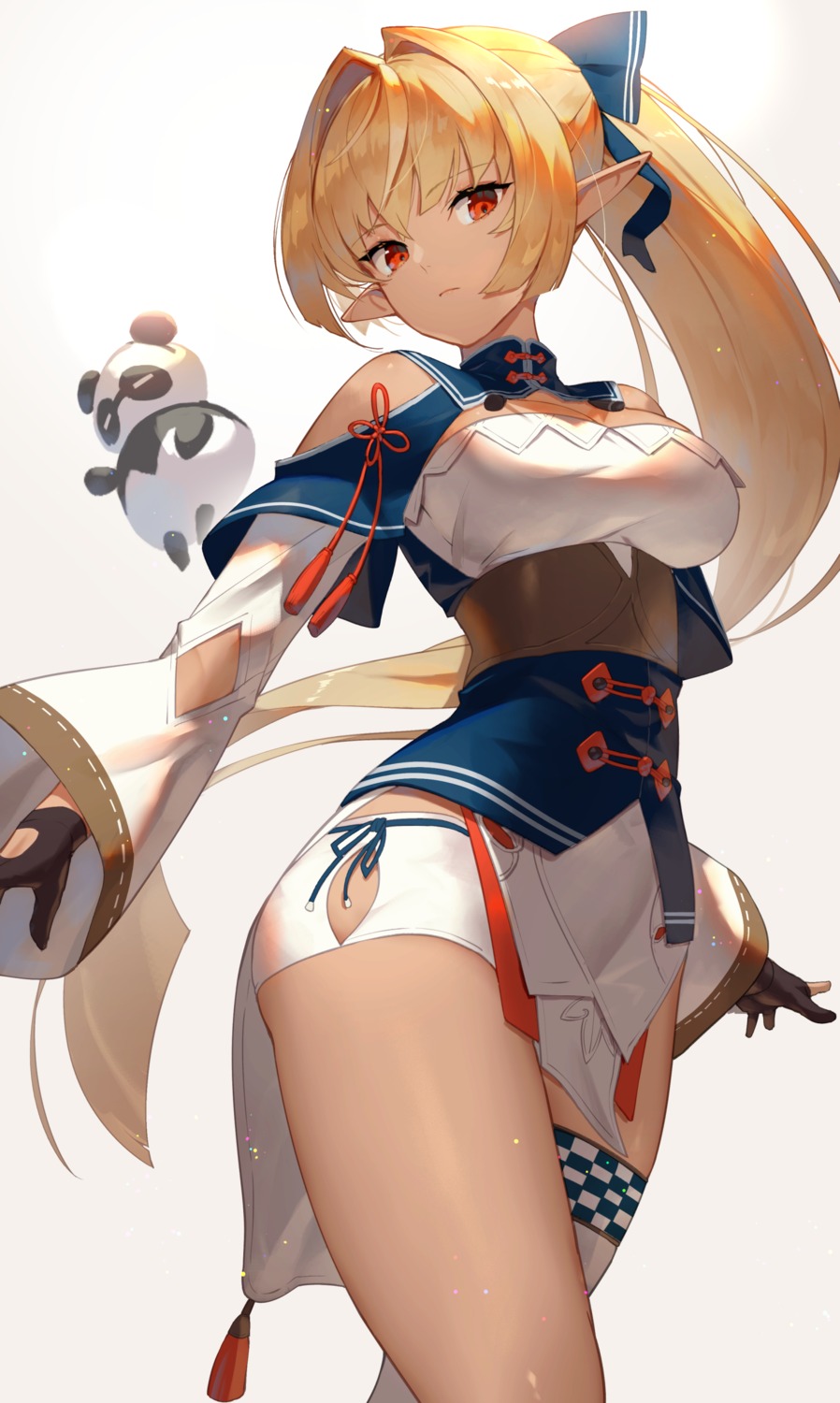 asian_clothes elf hololive pointy_ears scottie shiranui_flare thighhighs