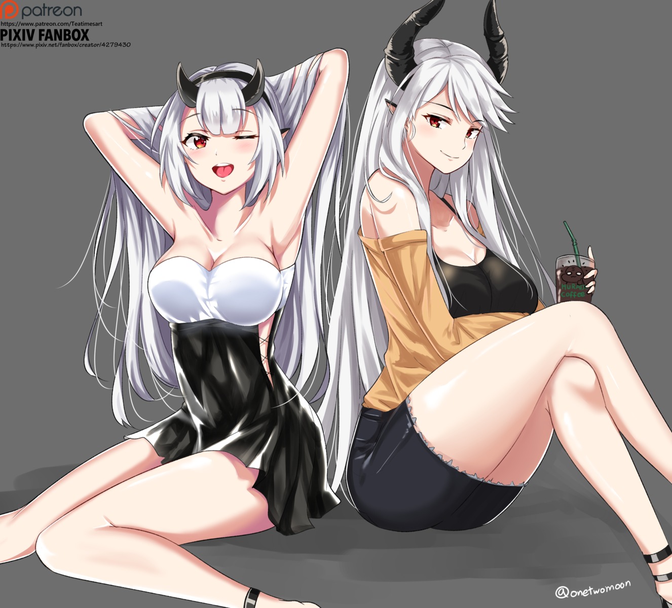 cleavage epic7 horns luna_(epic7) no_bra pointy_ears twomoon yufine_(epic7)