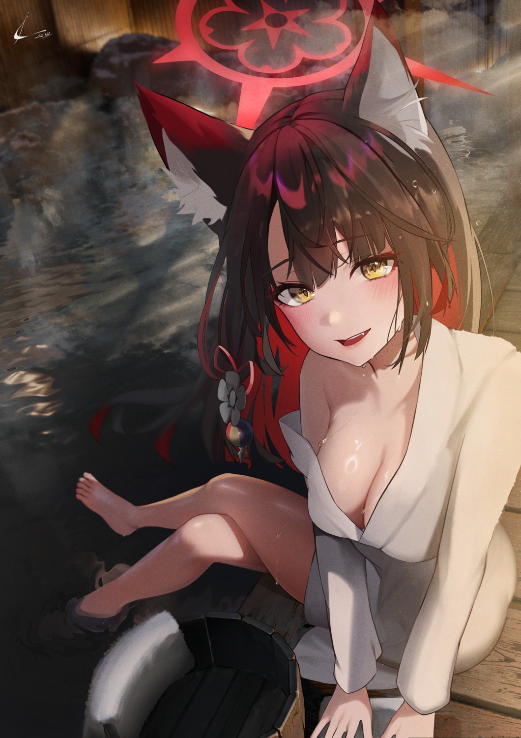 animal_ears blue_archive halo kitsune kosaka_wakamo luenar no_bra onsen open_shirt wet yukata