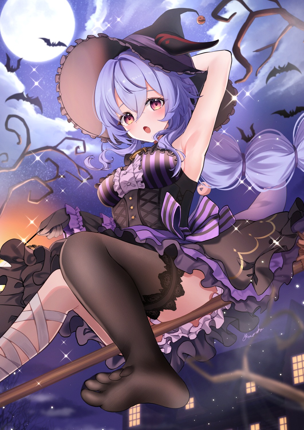 amaneko_(amaneko_y) bandages bloomers feet ganyu genshin_impact halloween horns skirt_lift thighhighs witch