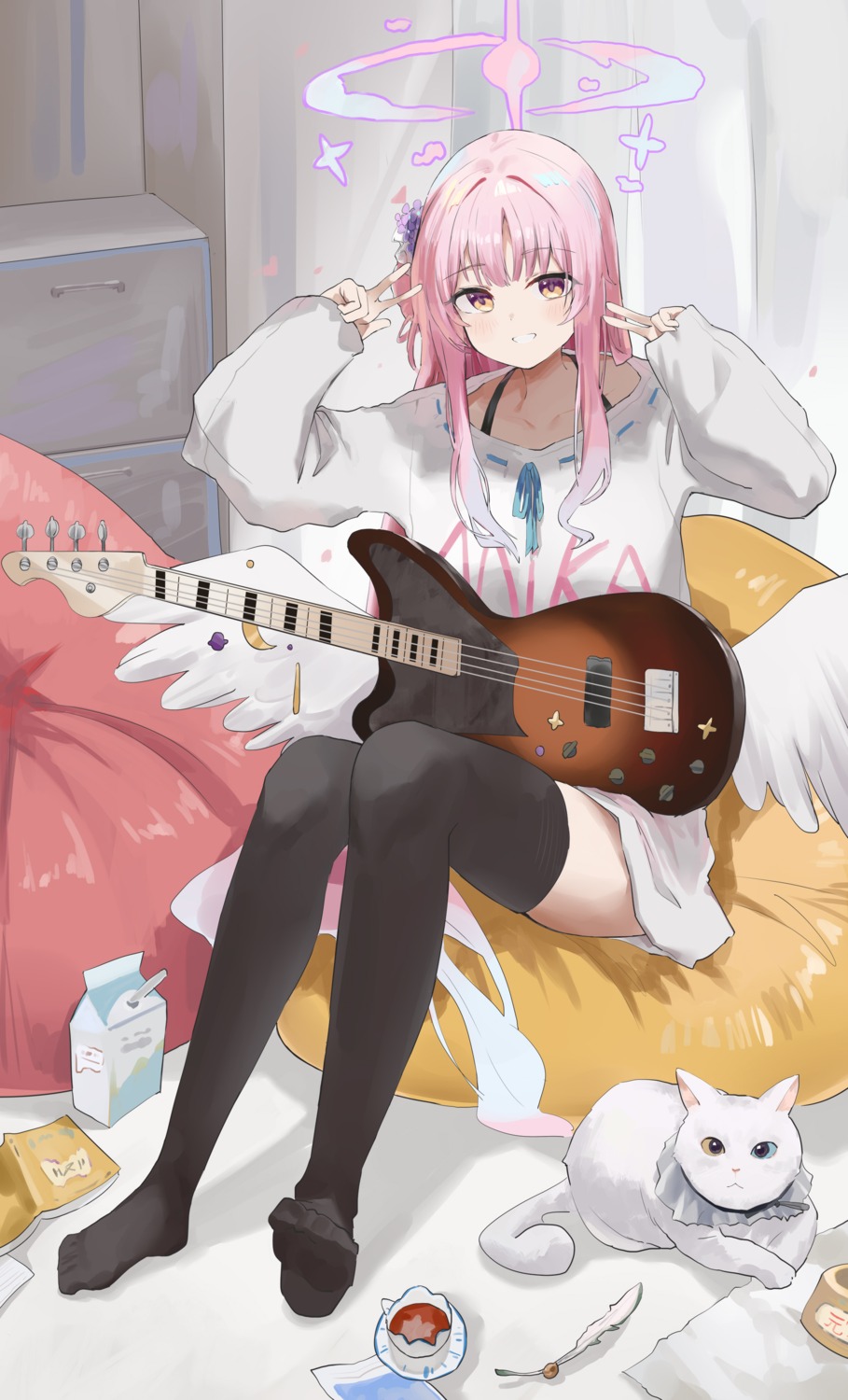 angel blue_archive feet guitar jsscj misono_mika neko skirt_lift thighhighs wings