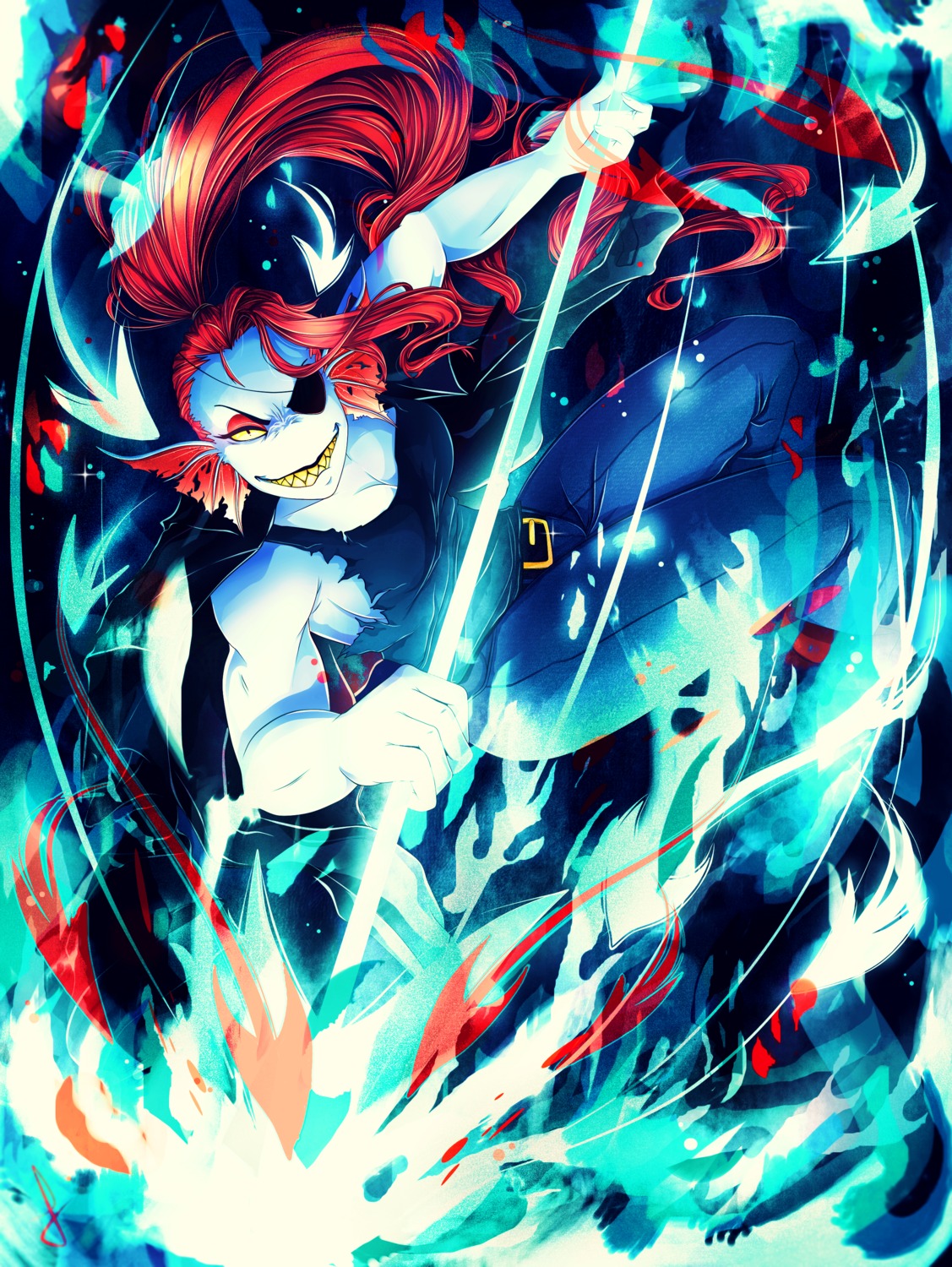 cleavage eyepatch invidiata torn_clothes undertale undyne weapon