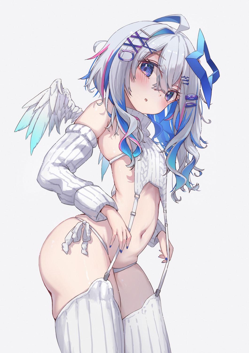 amane_kanata angel hololive juu_p loli no_bra pantsu stockings string_panties sweater thighhighs wings