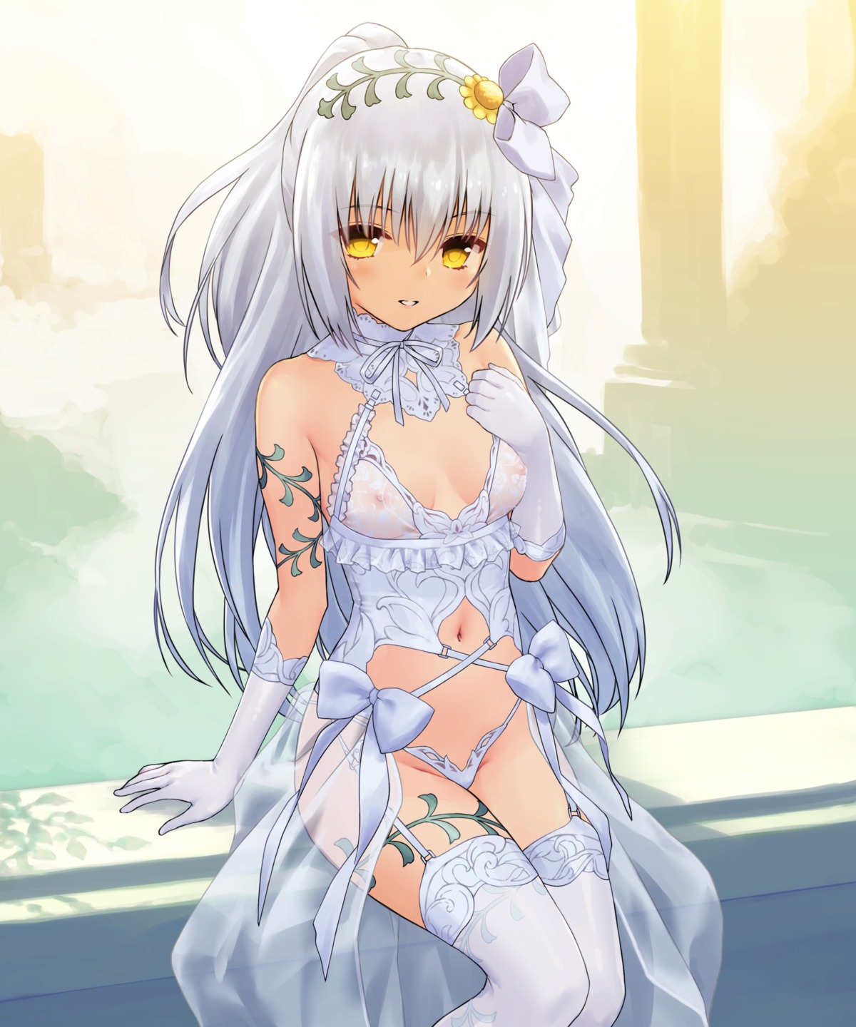 flower_knight_girl funitarefu lingerie nipples no_bra pantsu see_through stockings tattoo thighhighs