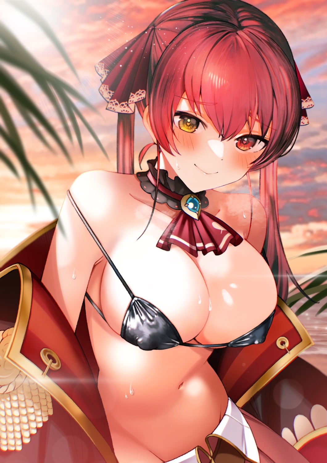 bikini_top enomi erect_nipples heterochromia hololive houshou_marine open_shirt swimsuits