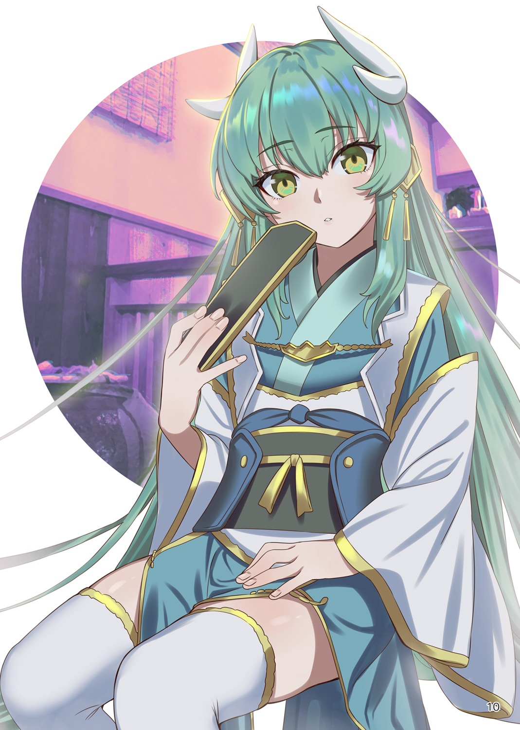 fate/grand_order horns japanese_clothes kiyohime_(fate/grand_order) kujuu_shikuro thighhighs