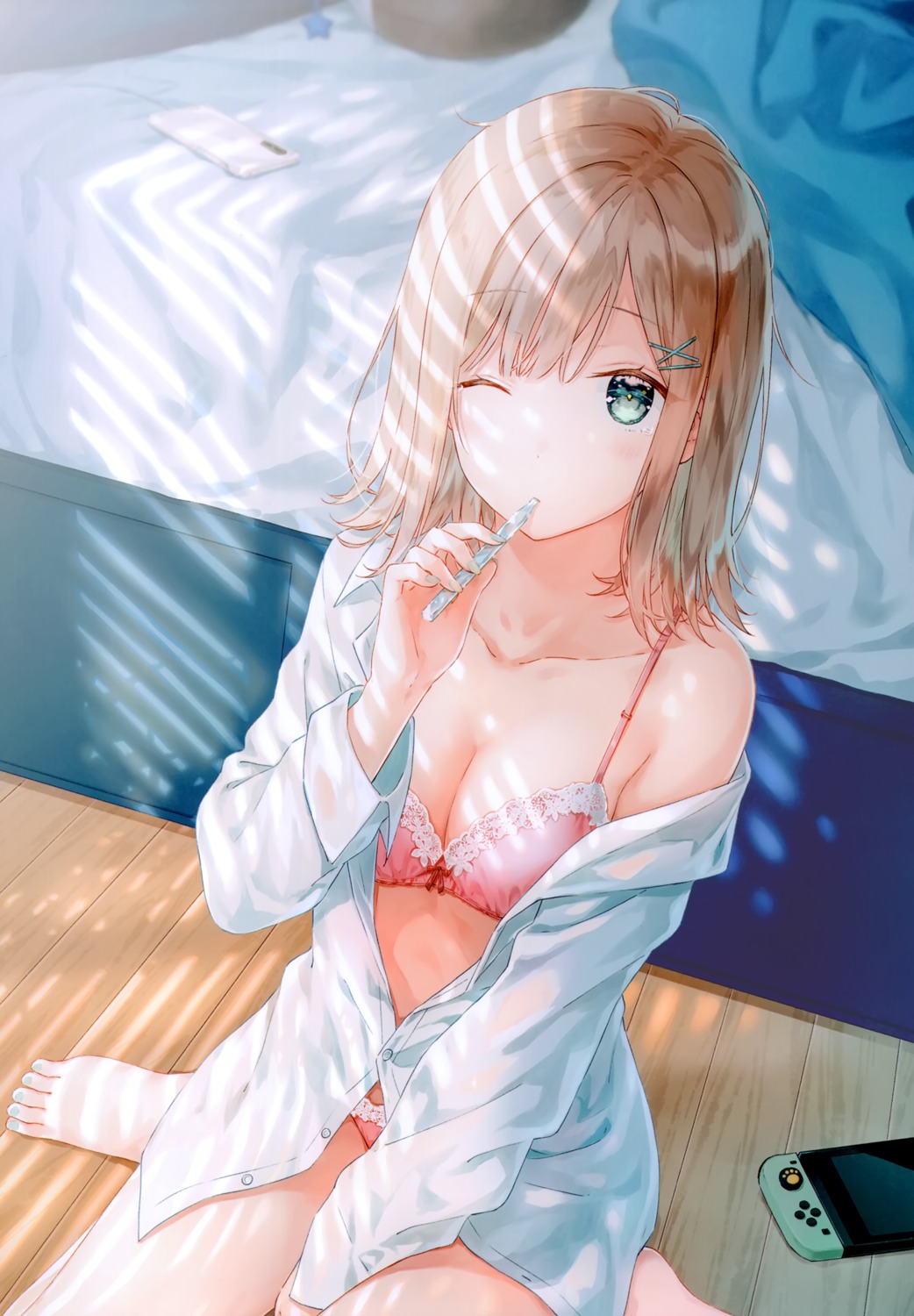 bra dress_shirt hashimoto_sana hiten hitenkei open_shirt pantsu see_through