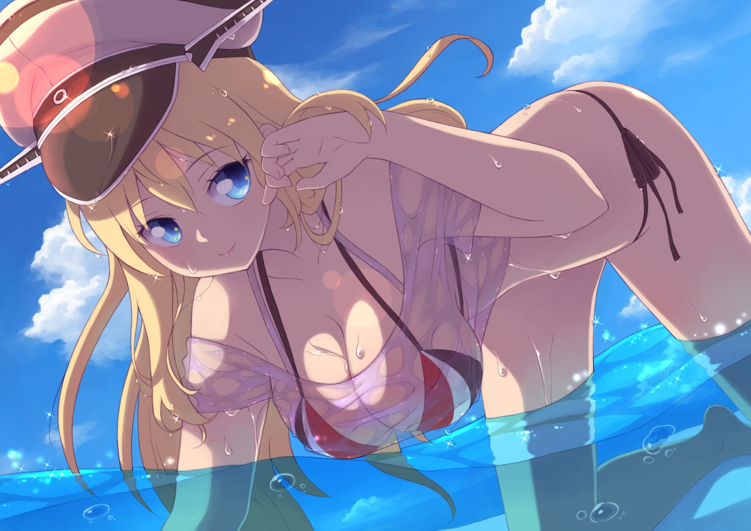 bikini bismarck_(kancolle) cleavage gun_(artist) kantai_collection see_through swimsuits wet wet_clothes