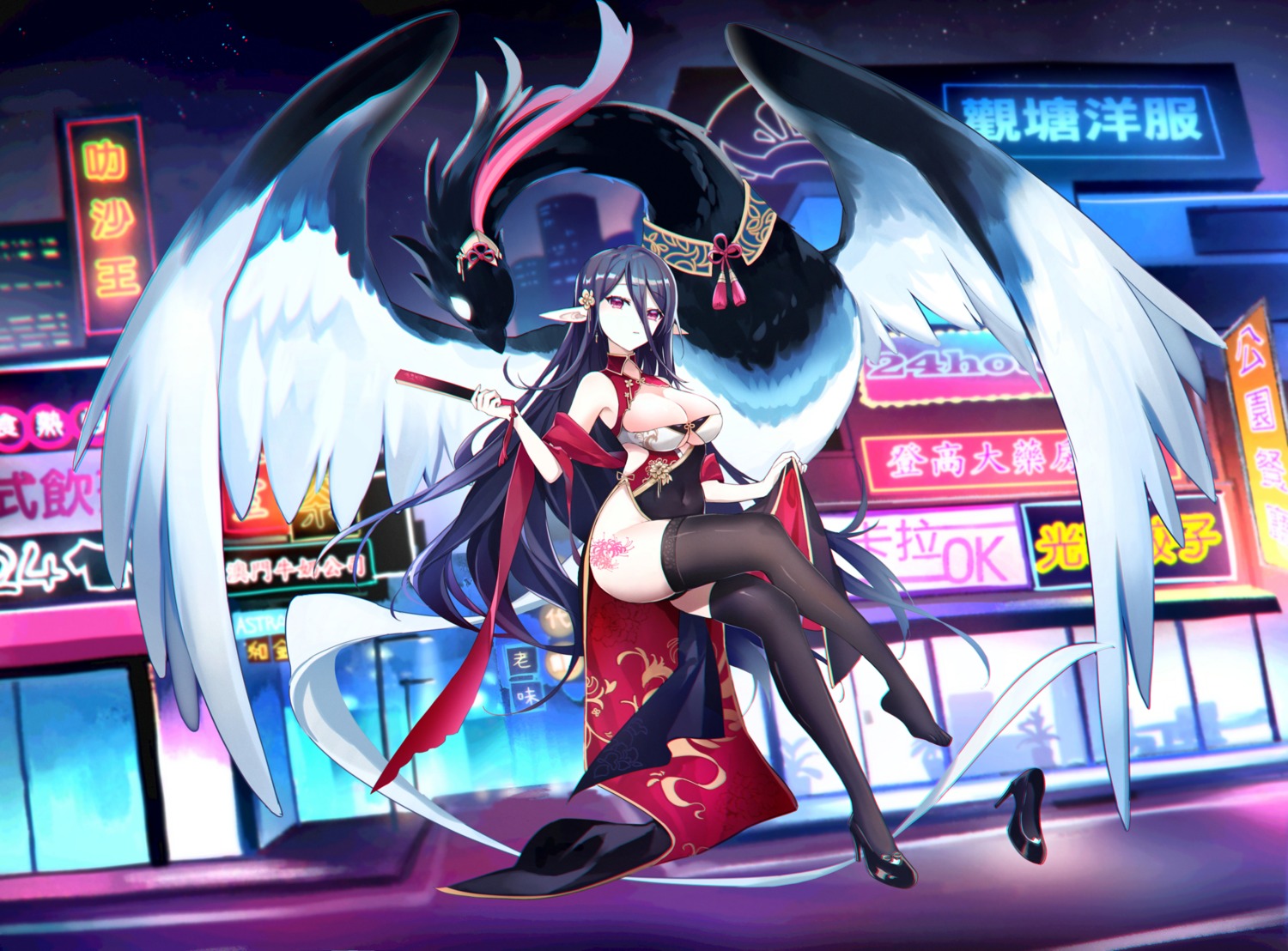 chinadress heels no_bra nopan peneko pointy_ears skirt_lift tattoo thighhighs wings