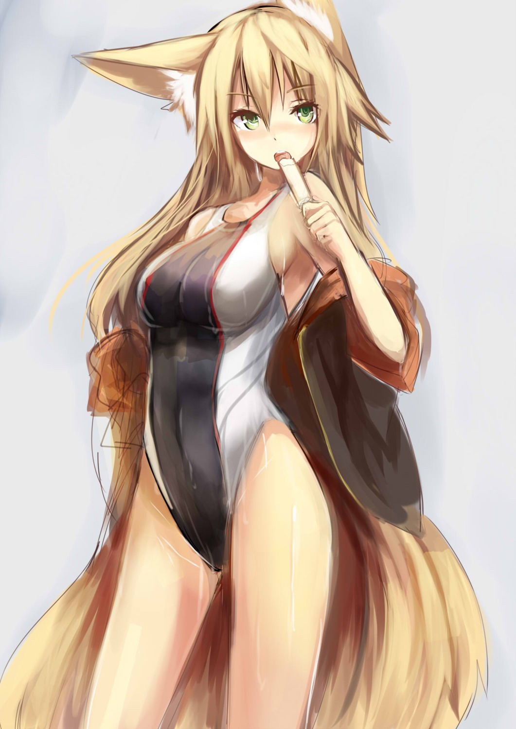 animal_ears haik kitsune kokonoe_tsubaki open_shirt swimsuits tail