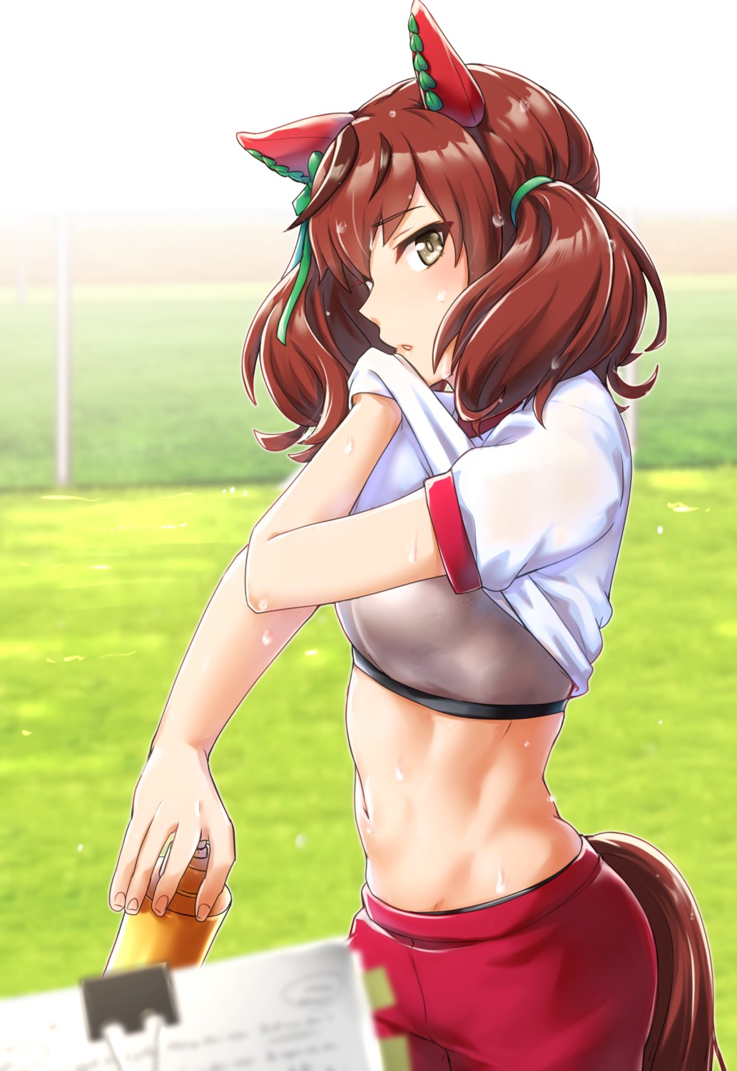 animal_ears gym_uniform kobamiso_(kobalt) nice_nature_(umamusume) shirt_lift tail uma_musume_pretty_derby wet