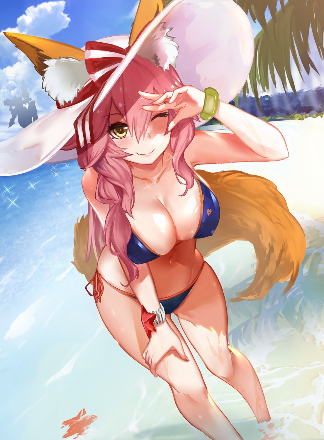 animal_ears bikini cleavage fate/extra fate/grand_order fate/stay_night kitsune ramuda_(guilty931) swimsuits tail tamamo_no_mae wet