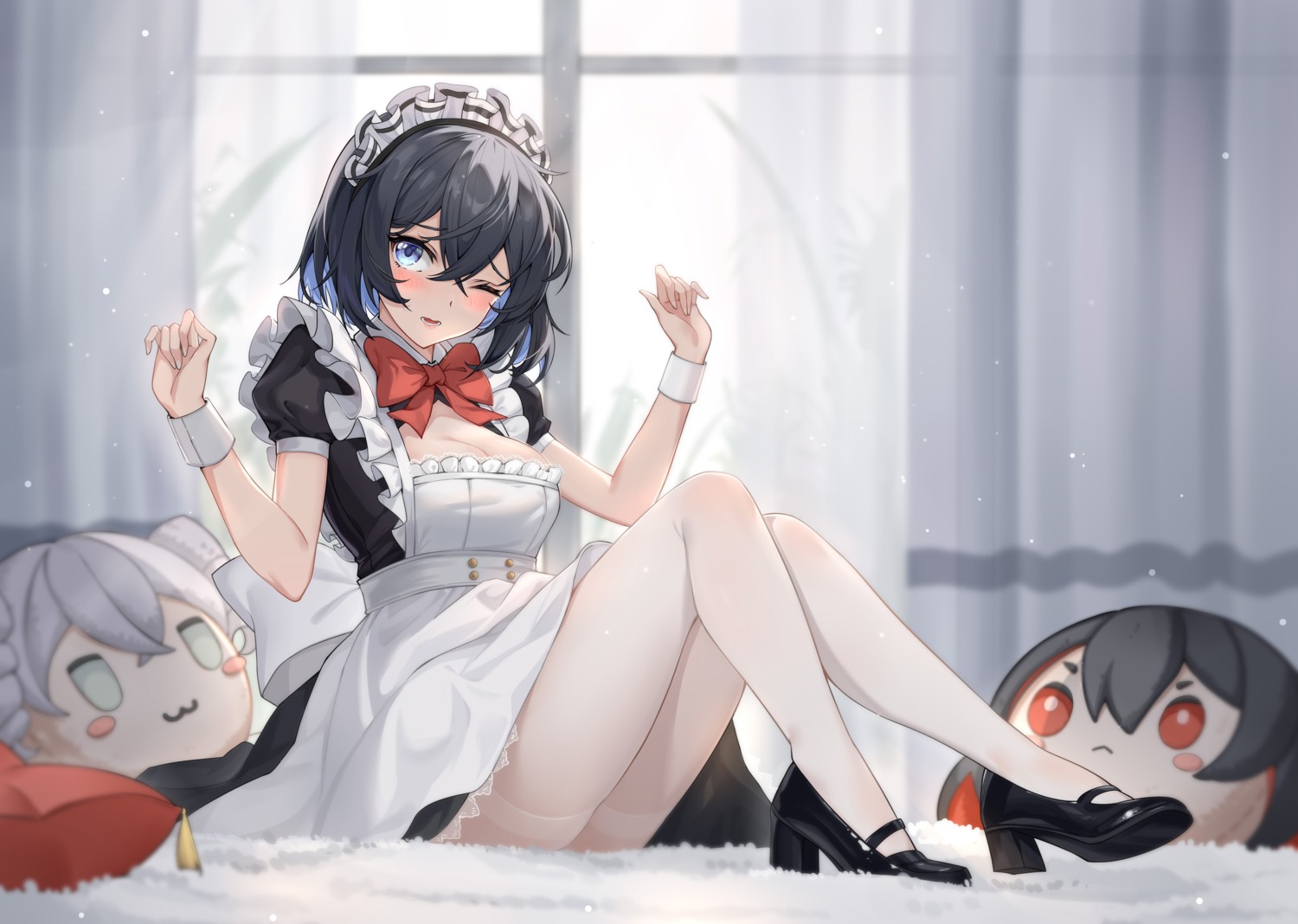 benghuai_xueyuan cleavage heels honkai_impact jpeg_artifacts maid pantyhose seele_vollerei shenqi_xiao_hong_zai_nali skirt_lift