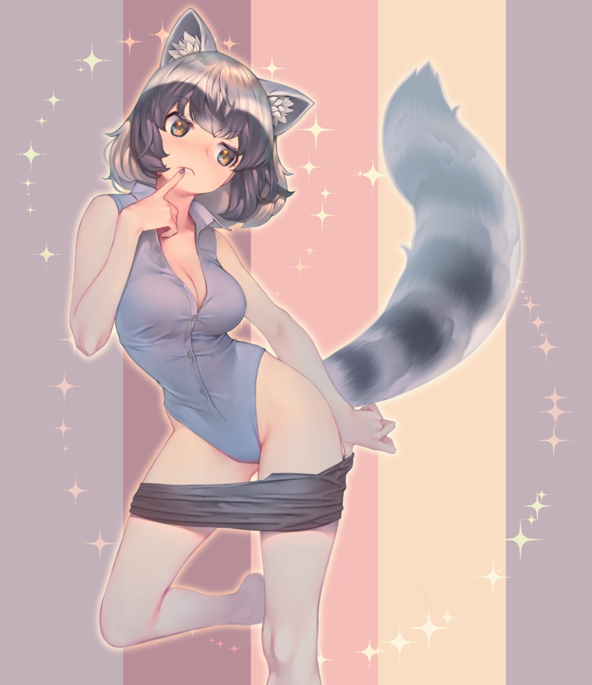 animal_ears cleavage common_raccoon kemono_friends leotard mifu_(b24vc1) no_bra open_shirt tail undressing