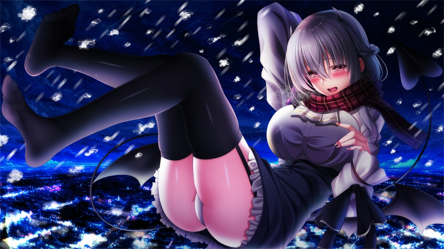 devil dress feet hakase_fuyuki horns nijisanji pantsu skirt_lift stockings tail thighhighs thong wings yuuzuki_hijiri