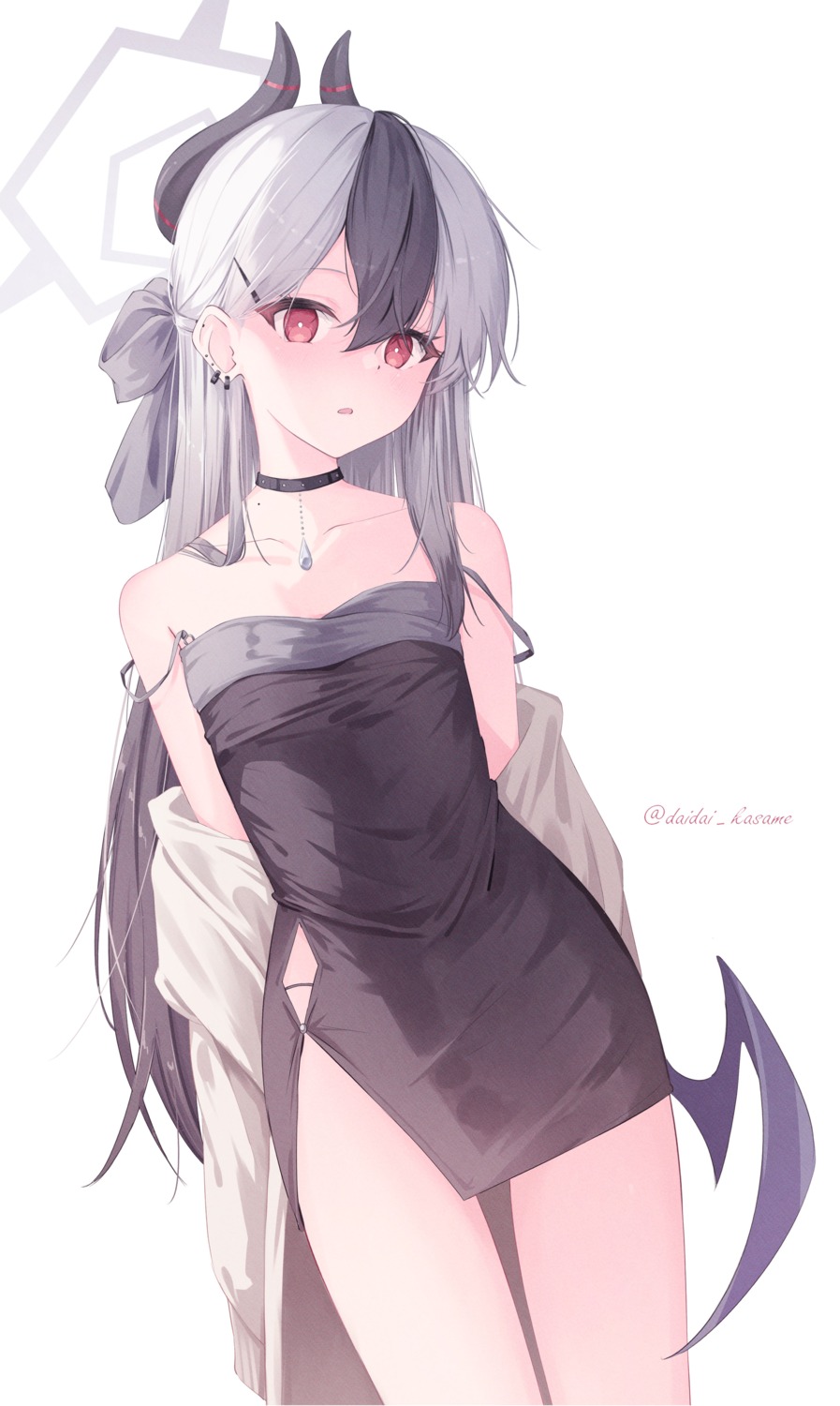 blue_archive daidai_(daidai826) devil dress halo horns onikata_kayoko sweater wings