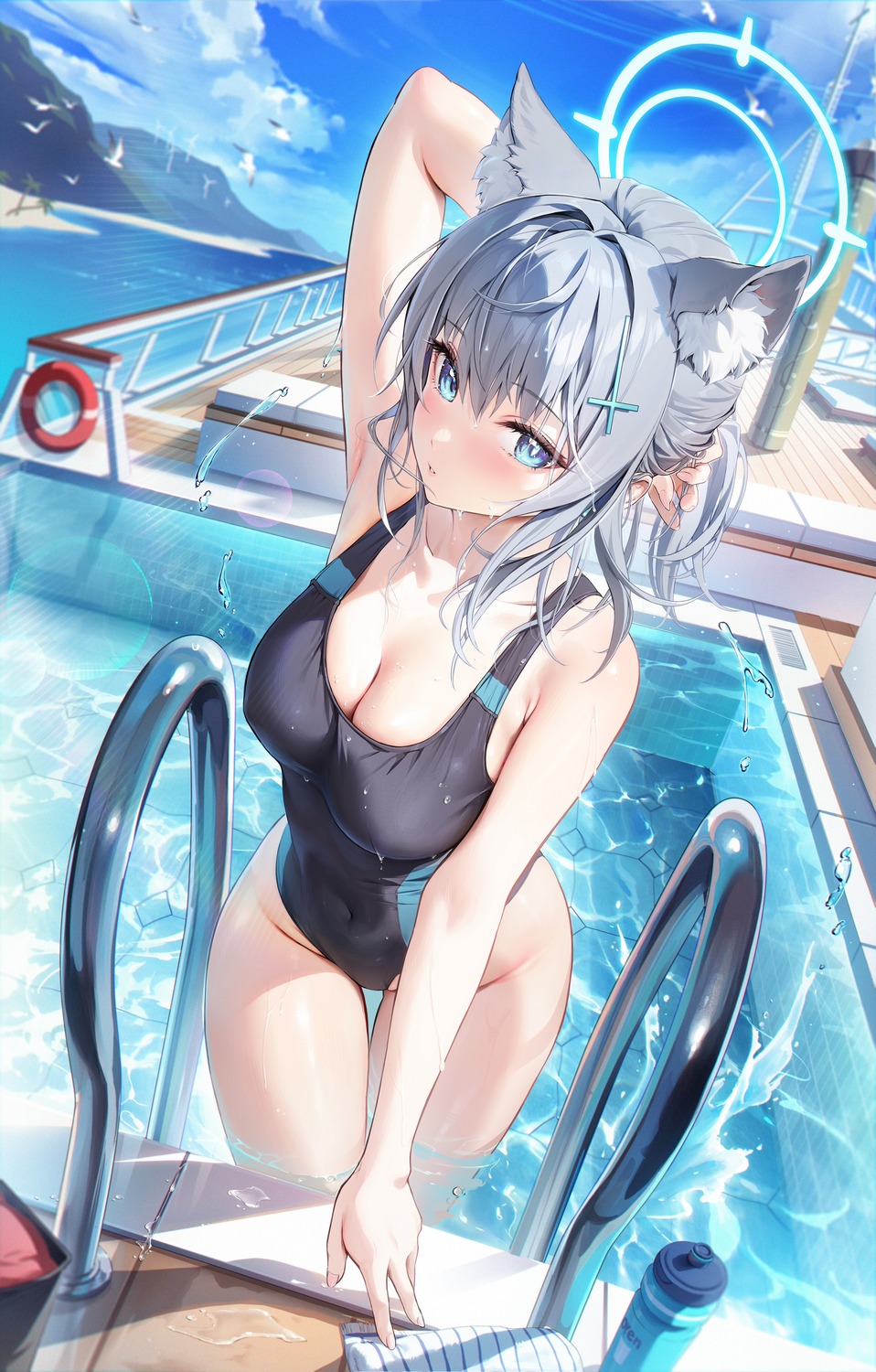 animal_ears blue_archive cleavage erect_nipples halo houkisei nekomimi sunaookami_shiroko swimsuits wet