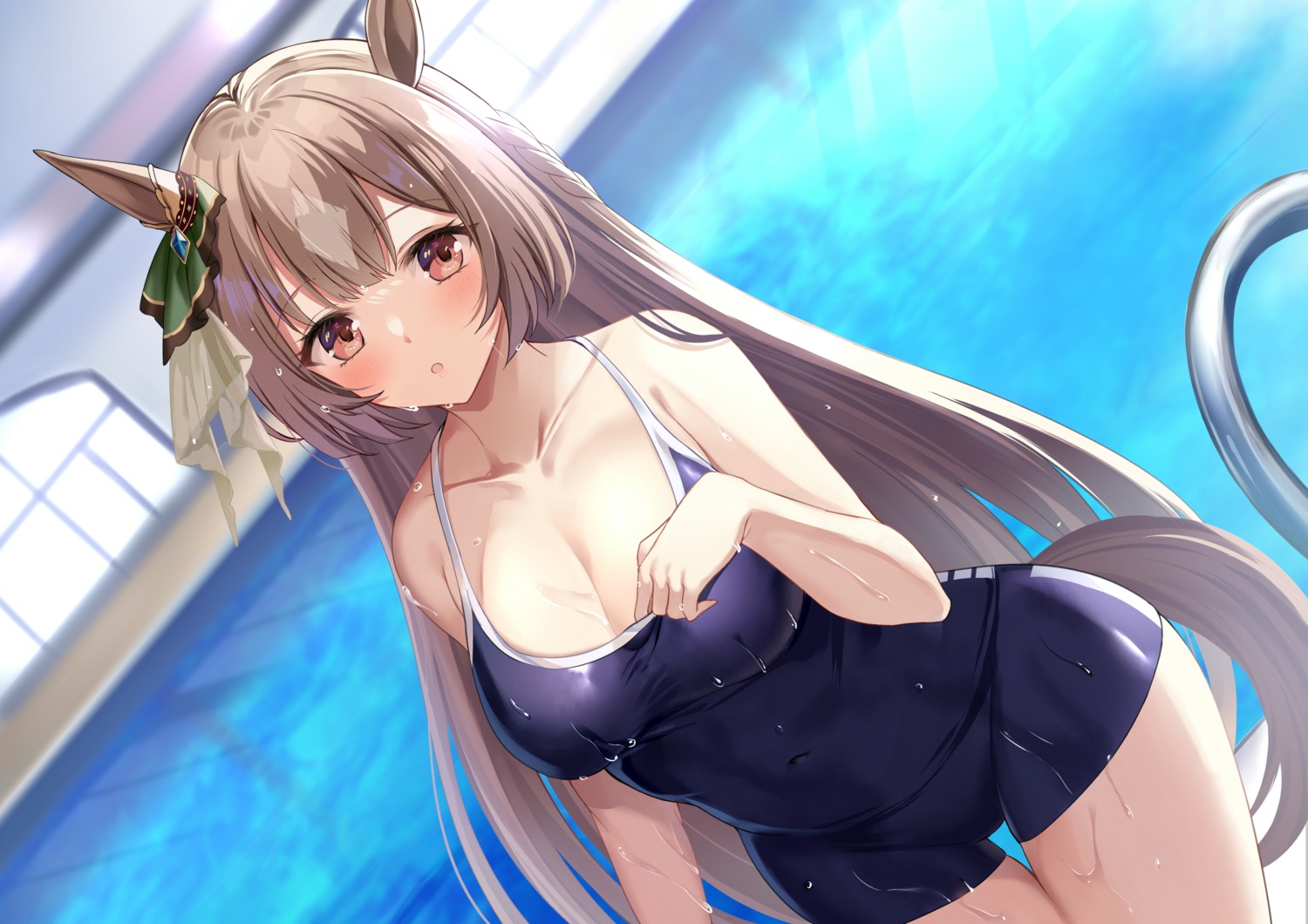 animal_ears cleavage harimoji satono_diamond_(umamusume) school_swimsuit swimsuits tail uma_musume_pretty_derby wet