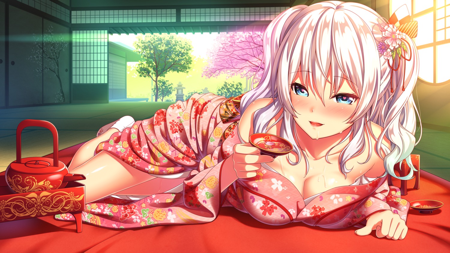 cleavage kantai_collection kashima_(kancolle) kimono nazu-na no_bra open_shirt sake wallpaper