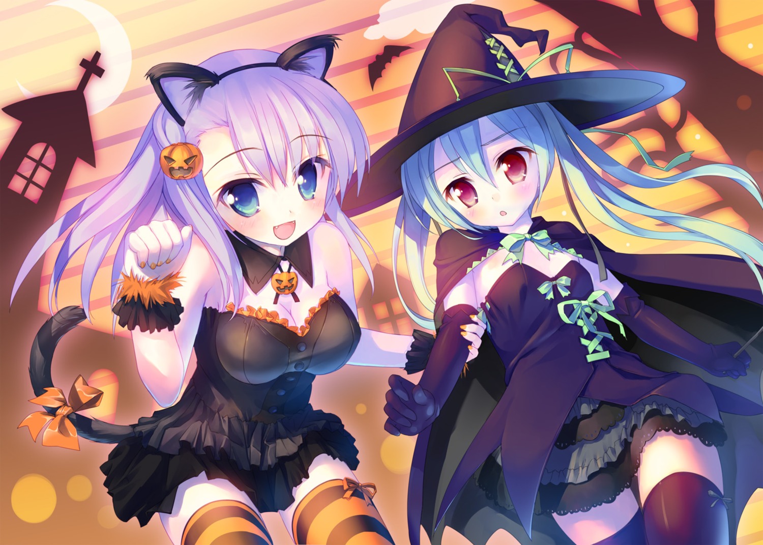 aete_mushisuru_kimi_to_no_mirai_~relay_broadcast~ alcot_honeycomb animal_ears halloween manabe_kei nekomimi sawatari_nanagi tail takoyaki thighhighs witch