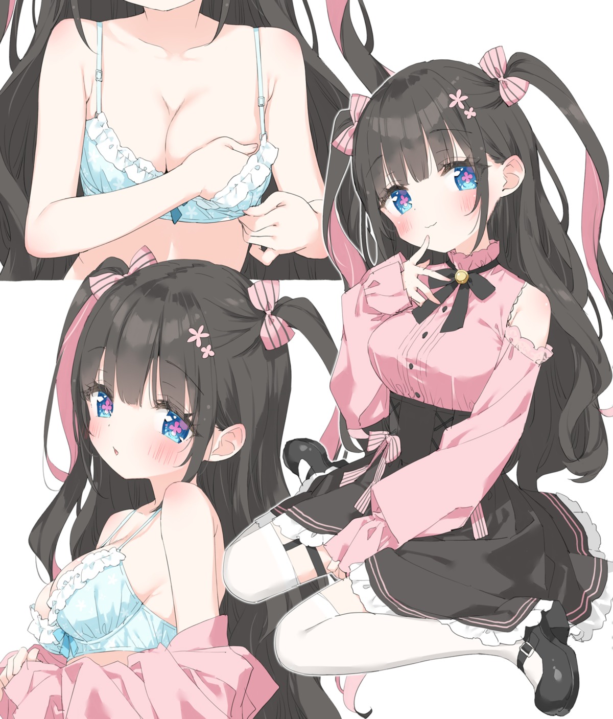 bra garter heels kani_biimu open_shirt skirt_lift stockings thighhighs undressing