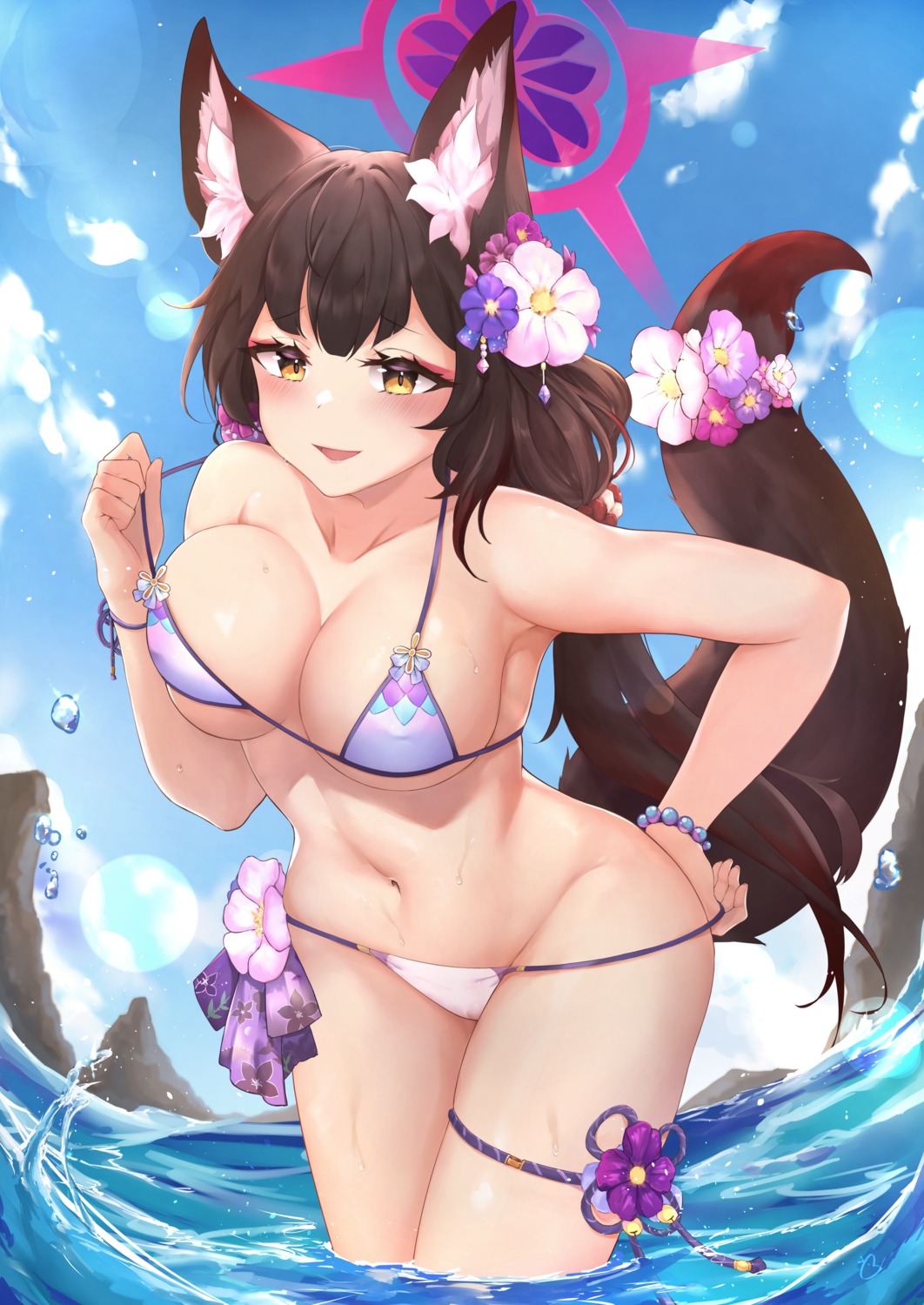 animal_ears bikini blue_archive breadthree cameltoe erect_nipples garter halo kitsune kosaka_wakamo panty_pull swimsuits tail undressing wet