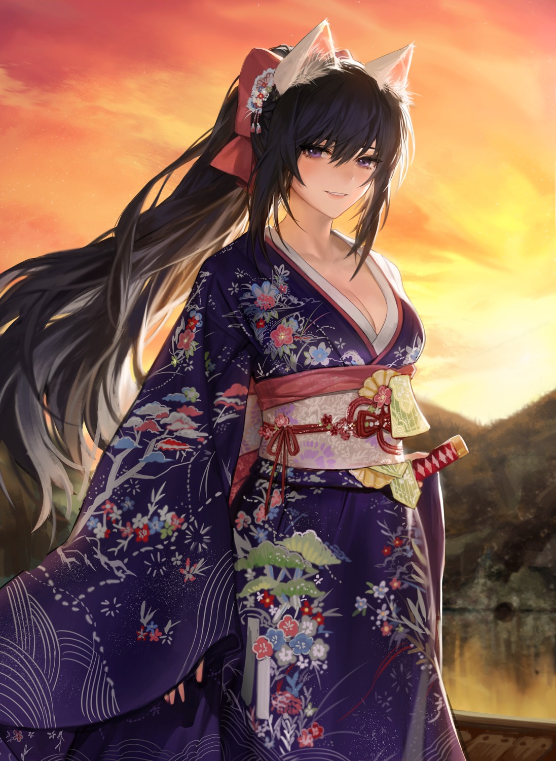 animal_ears cleavage himari kimono nekomimi omamori_himari open_shirt sowb sword