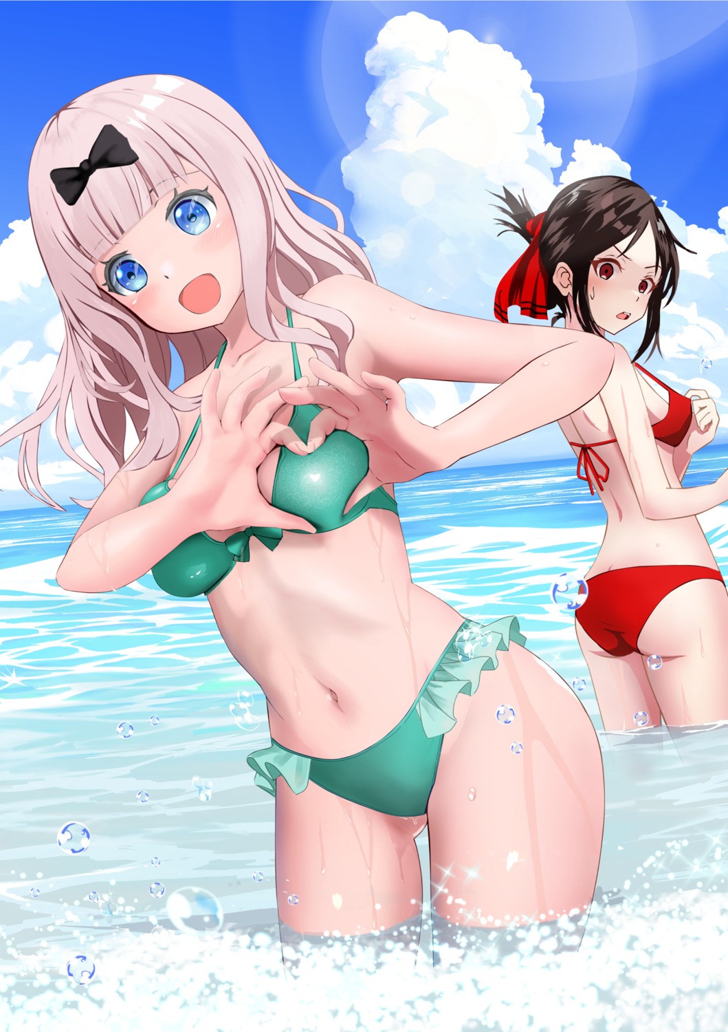 ass bikini breast_hold fujiwara_chika gibun_(sozoshu) kaguya-sama_wa_kokurasetai_~tensai-tachi_no_renai_zunousen~ shinomiya_kaguya swimsuits wet