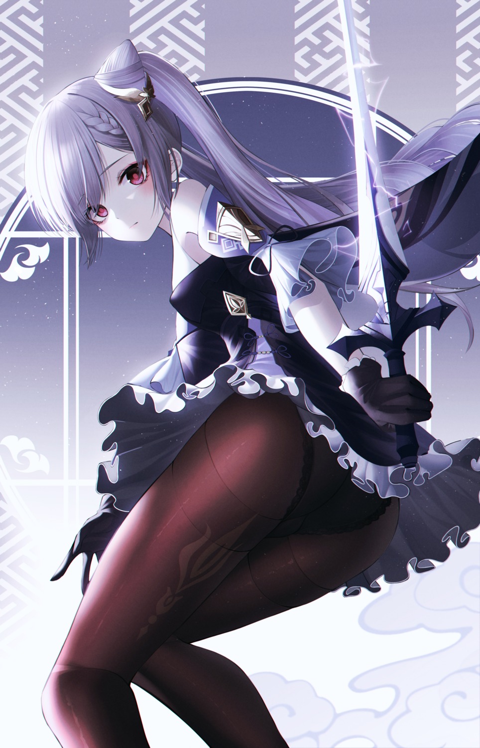 asian_clothes ass cameltoe genshin_impact kanzi keqing pantsu pantyhose skirt_lift sword