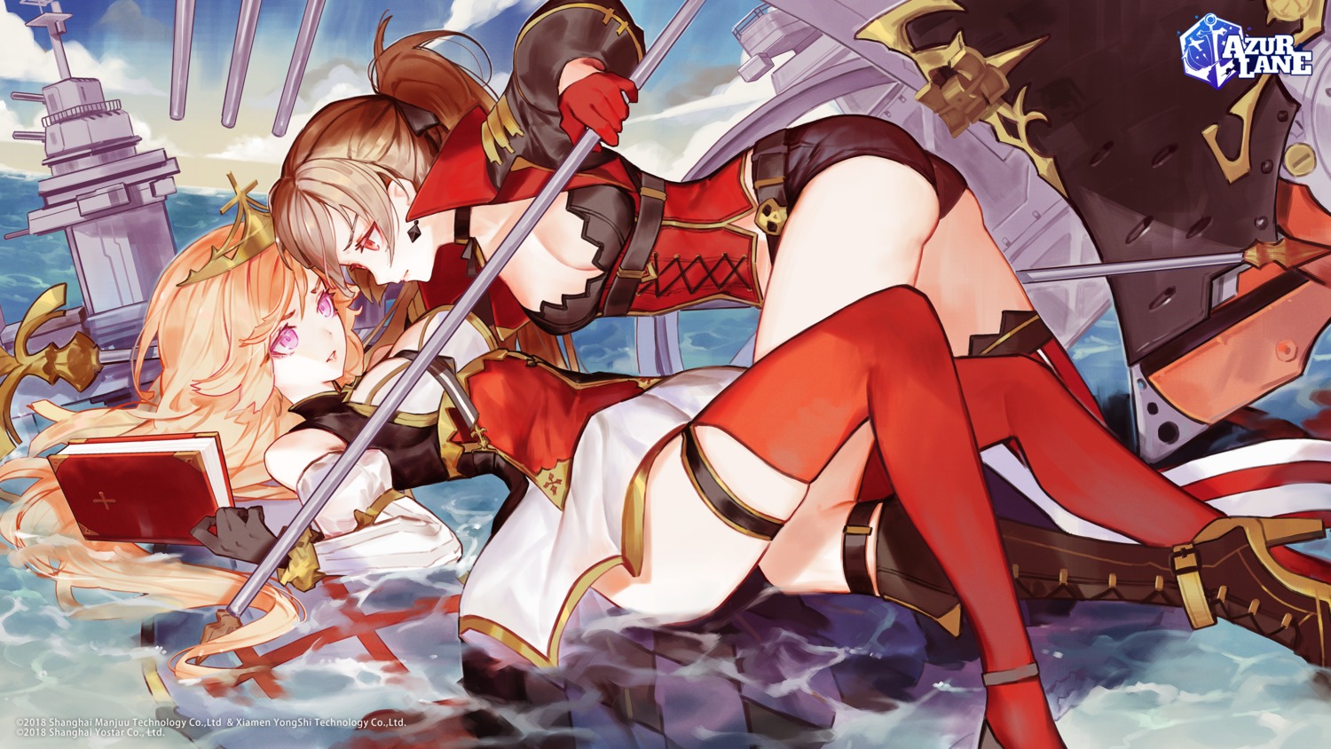 ass azur_lane garter jean_bart_(azur_lane) no_bra richelieu_(azur_lane) skirt_lift softmode thighhighs wet yuri