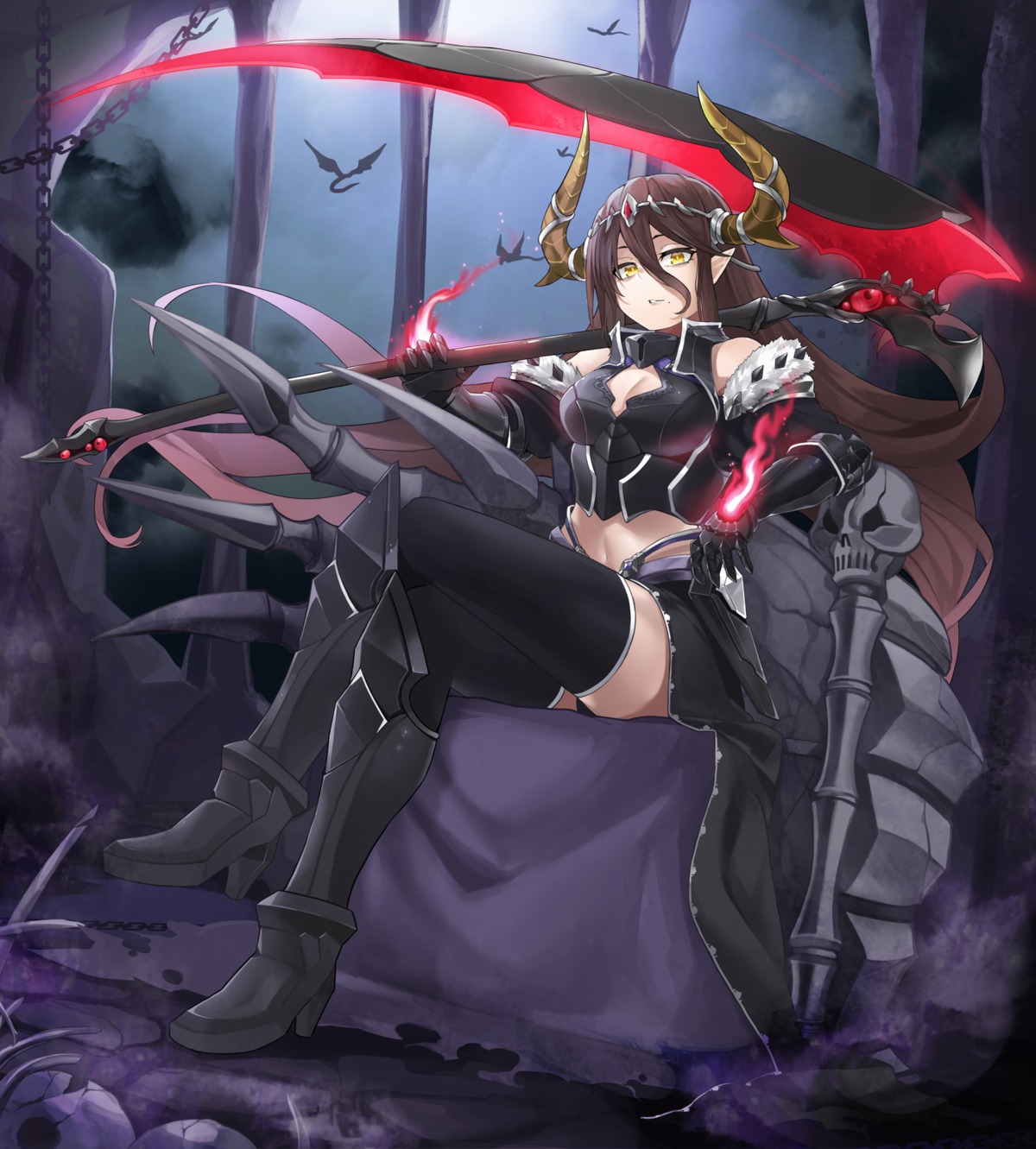 armor baniran_dorosu cleavage heels horns pointy_ears thighhighs weapon