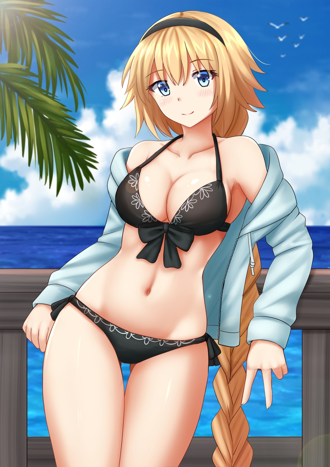 bikini cleavage fate/grand_order jeanne_d'arc jeanne_d'arc_(fate) kazenokaze open_shirt swimsuits